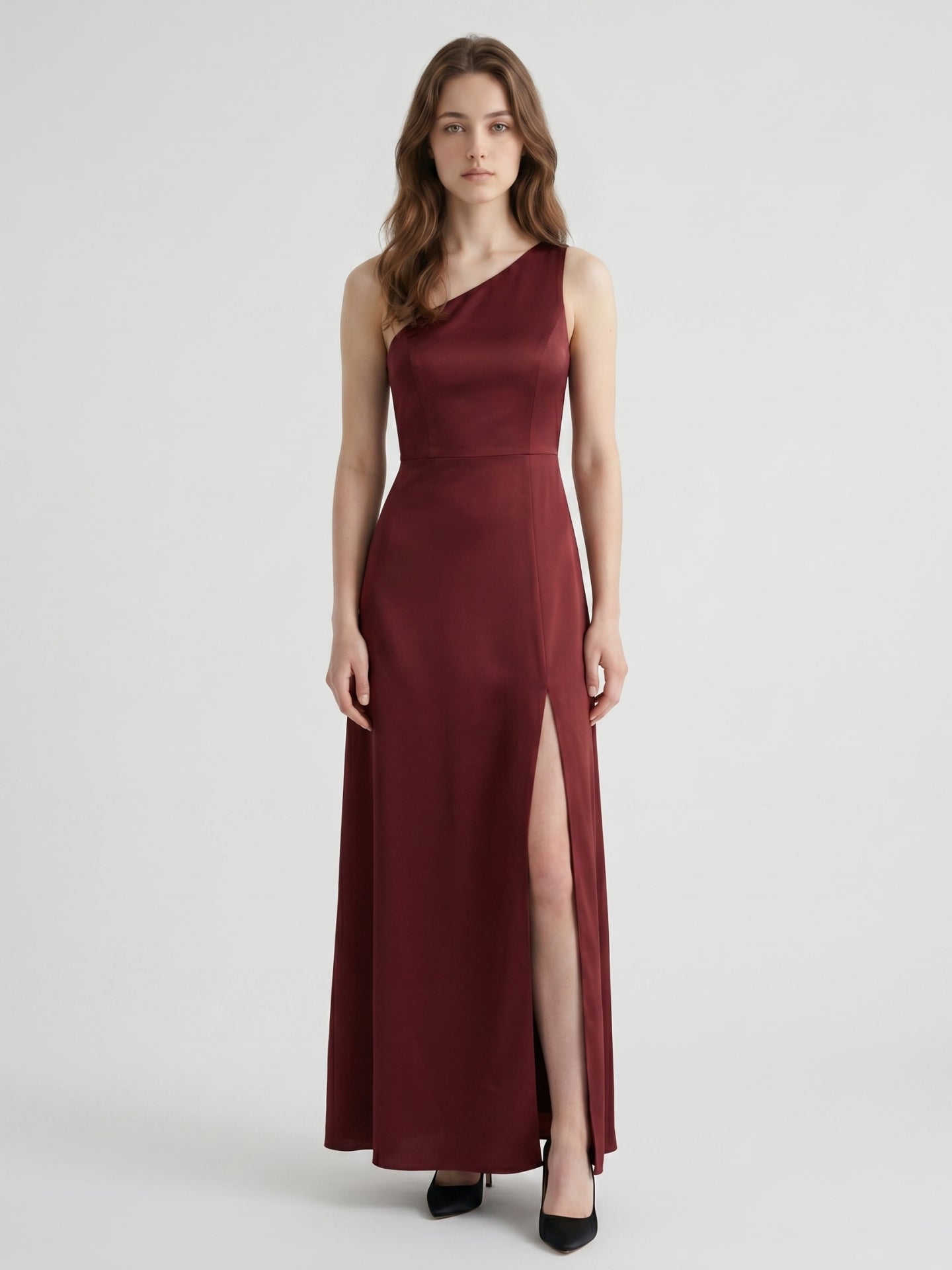Burgundy Satin Column One Shoulder Lace-up Ankle-Length Bridesmaid Dress