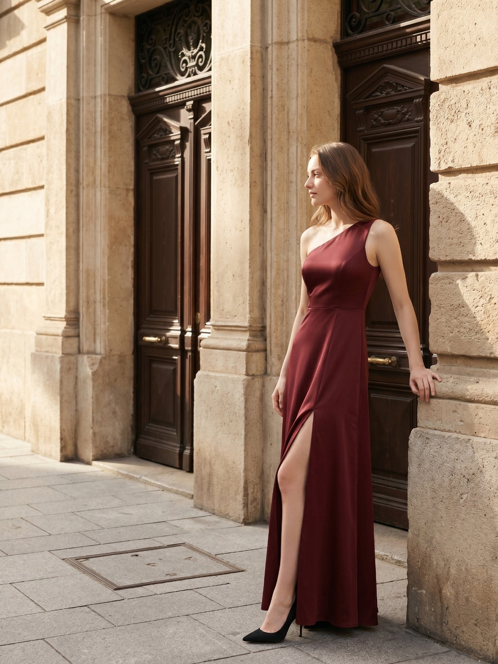 Burgundy Satin Column One Shoulder Lace-up Ankle-Length Bridesmaid Dress