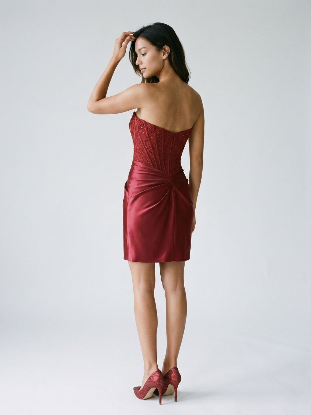Burgundy Satin Column Straight Neck Back Zip Short Homecoming Dress with Pleating
