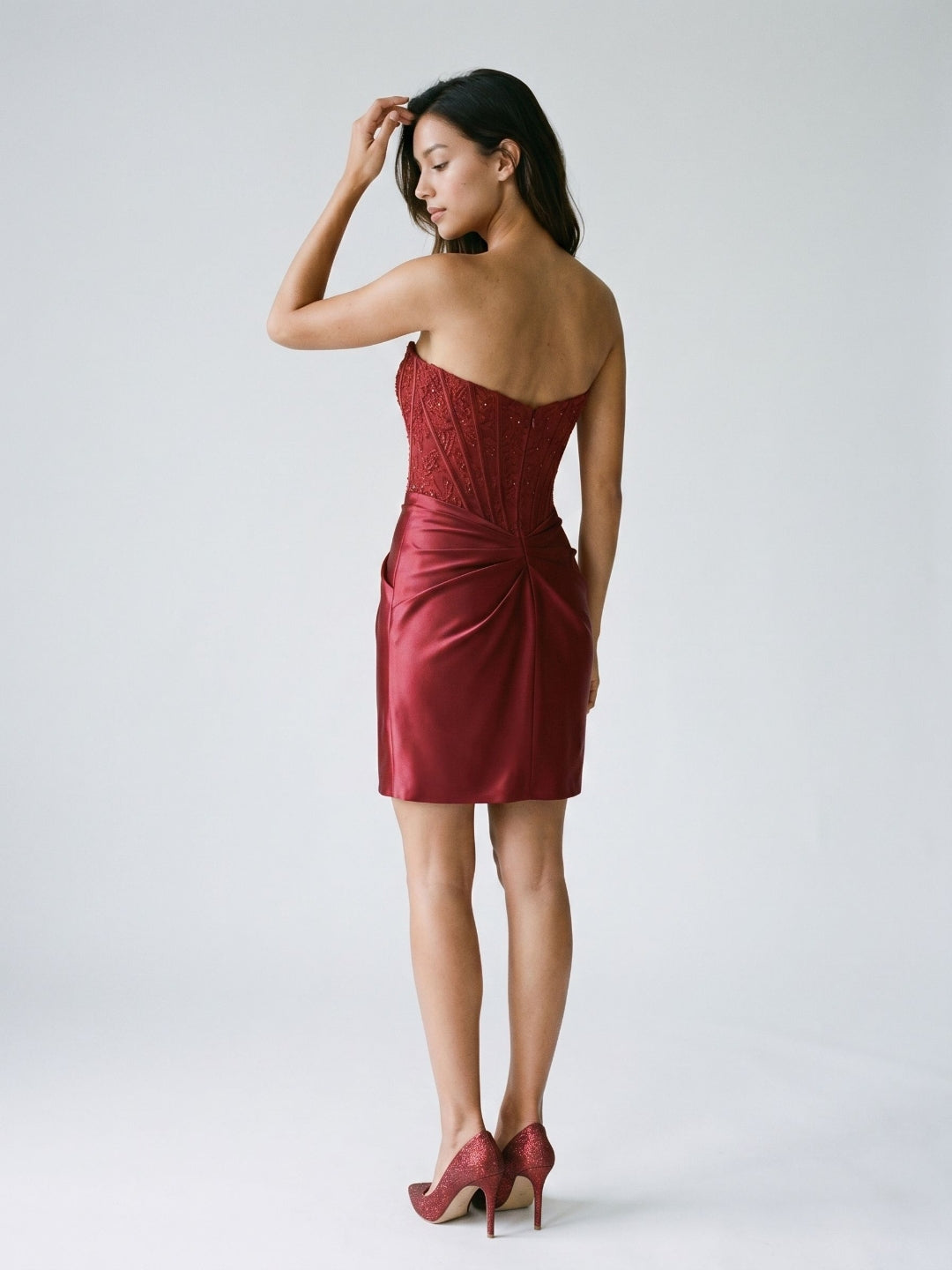 Burgundy Satin Column Straight Neck Back Zip Short Homecoming Dress with Pleating
