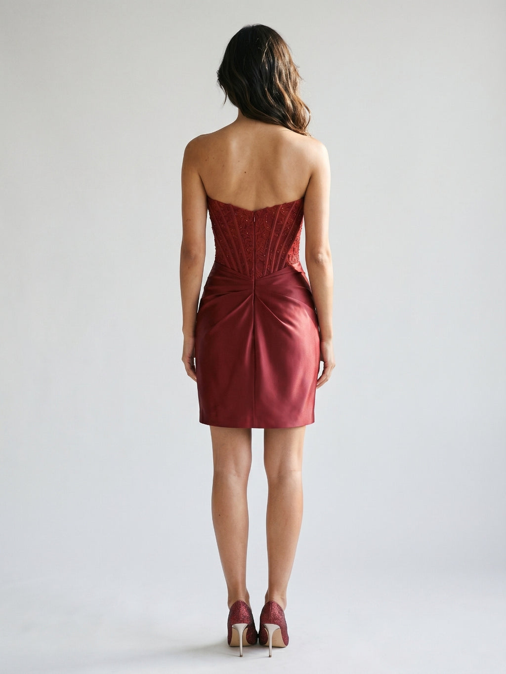 Burgundy Satin Column Straight Neck Back Zip Short Homecoming Dress with Pleating