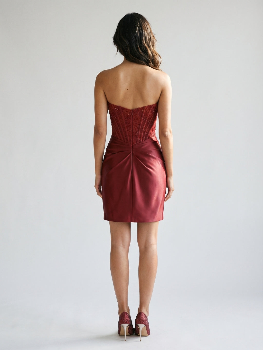 Burgundy Satin Column Straight Neck Back Zip Short Homecoming Dress with Pleating