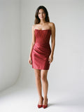 Burgundy Satin Column Straight Neck Back Zip Short Homecoming Dress with Pleating