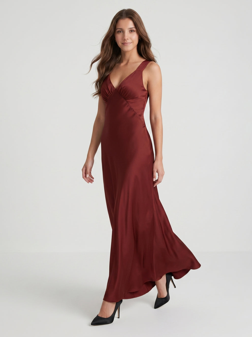 Burgundy Satin Column V-Neck V-Back Floor-Length Bridesmaid Dress