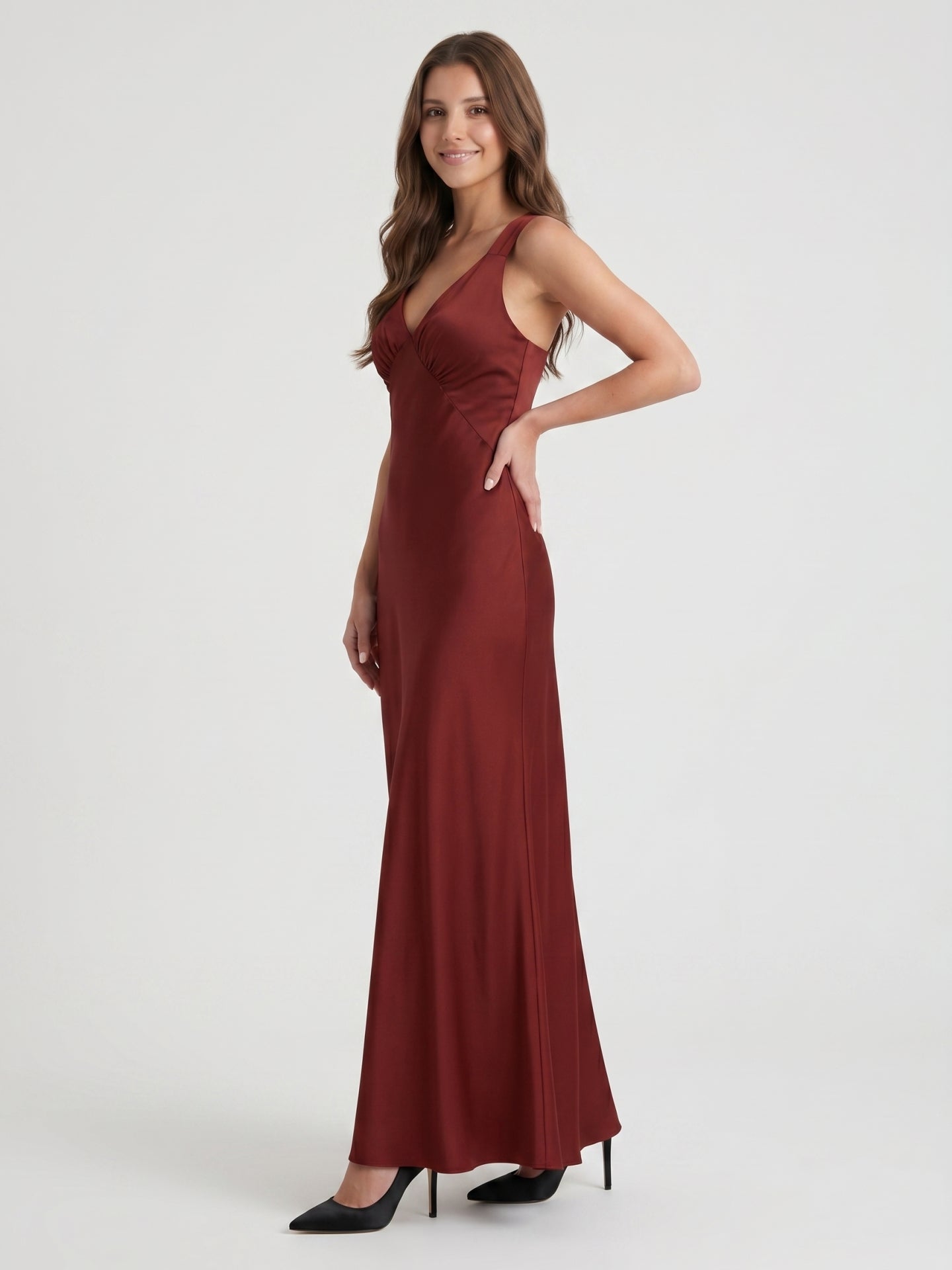 Burgundy Satin Column V-Neck V-Back Floor-Length Bridesmaid Dress