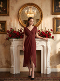 Burgundy Chiffon Sheath V-Neck Back Zip Knee-Length Bridesmaid Dress with Pleats