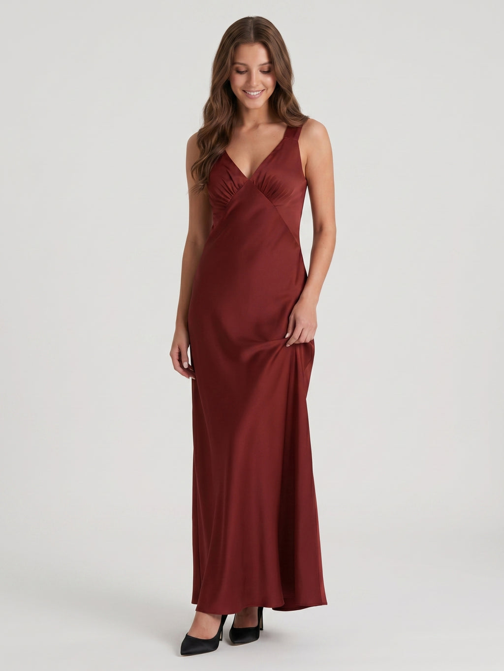 Burgundy Satin Column V-Neck V-Back Floor-Length Bridesmaid Dress