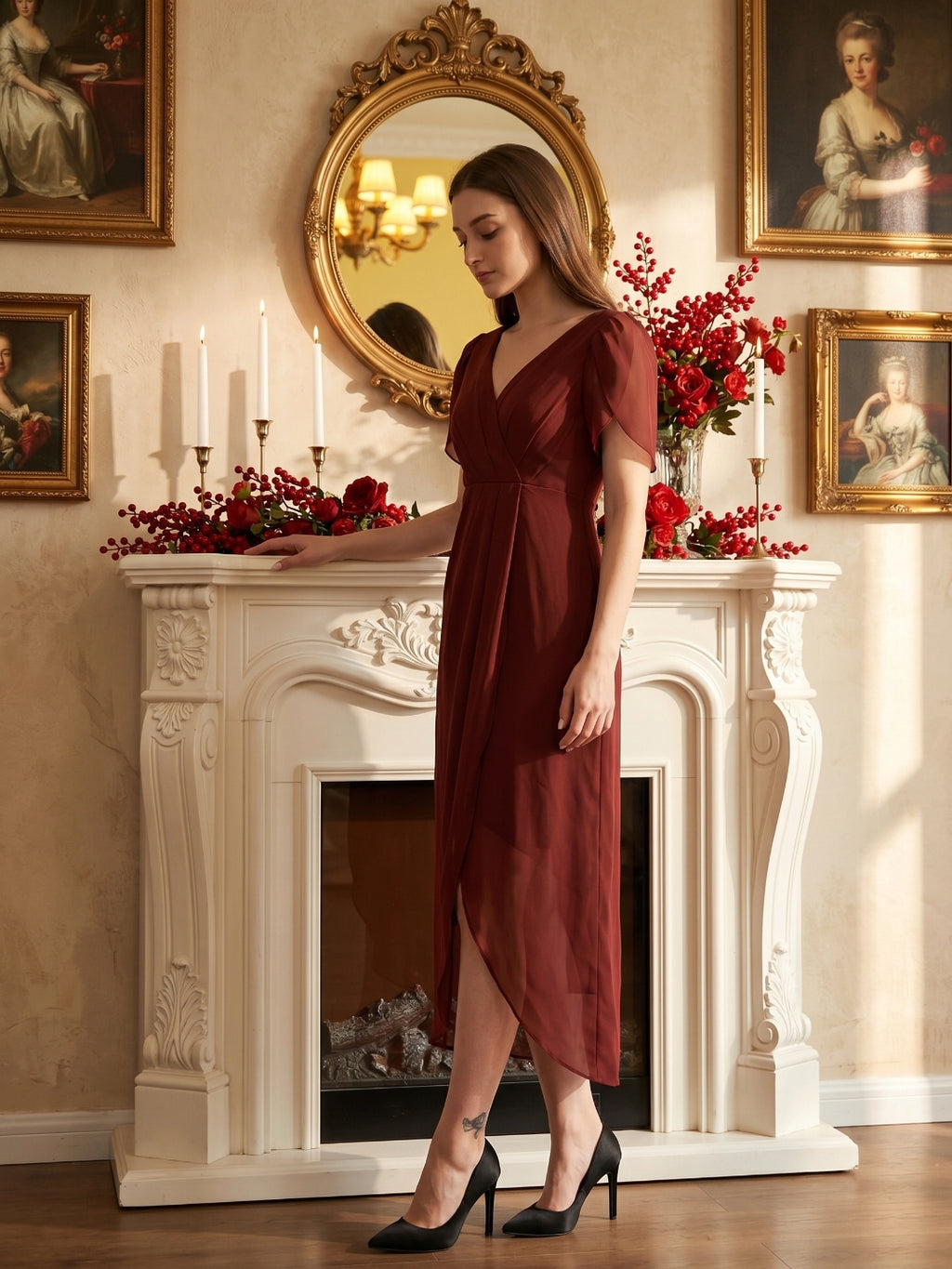 Burgundy Chiffon Sheath V-Neck Back Zip Knee-Length Bridesmaid Dress with Pleats