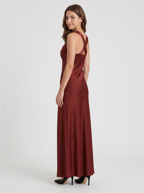 Burgundy Satin Column V-Neck V-Back Floor-Length Bridesmaid Dress