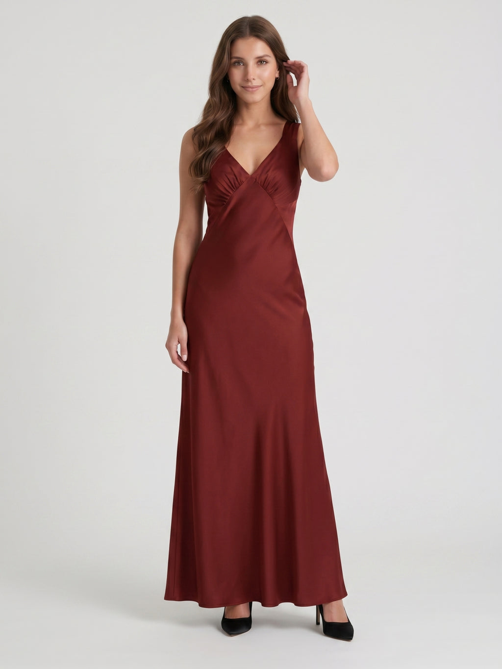 Burgundy Satin Column V-Neck V-Back Floor-Length Bridesmaid Dress