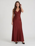 Burgundy Satin Column V-Neck V-Back Floor-Length Bridesmaid Dress
