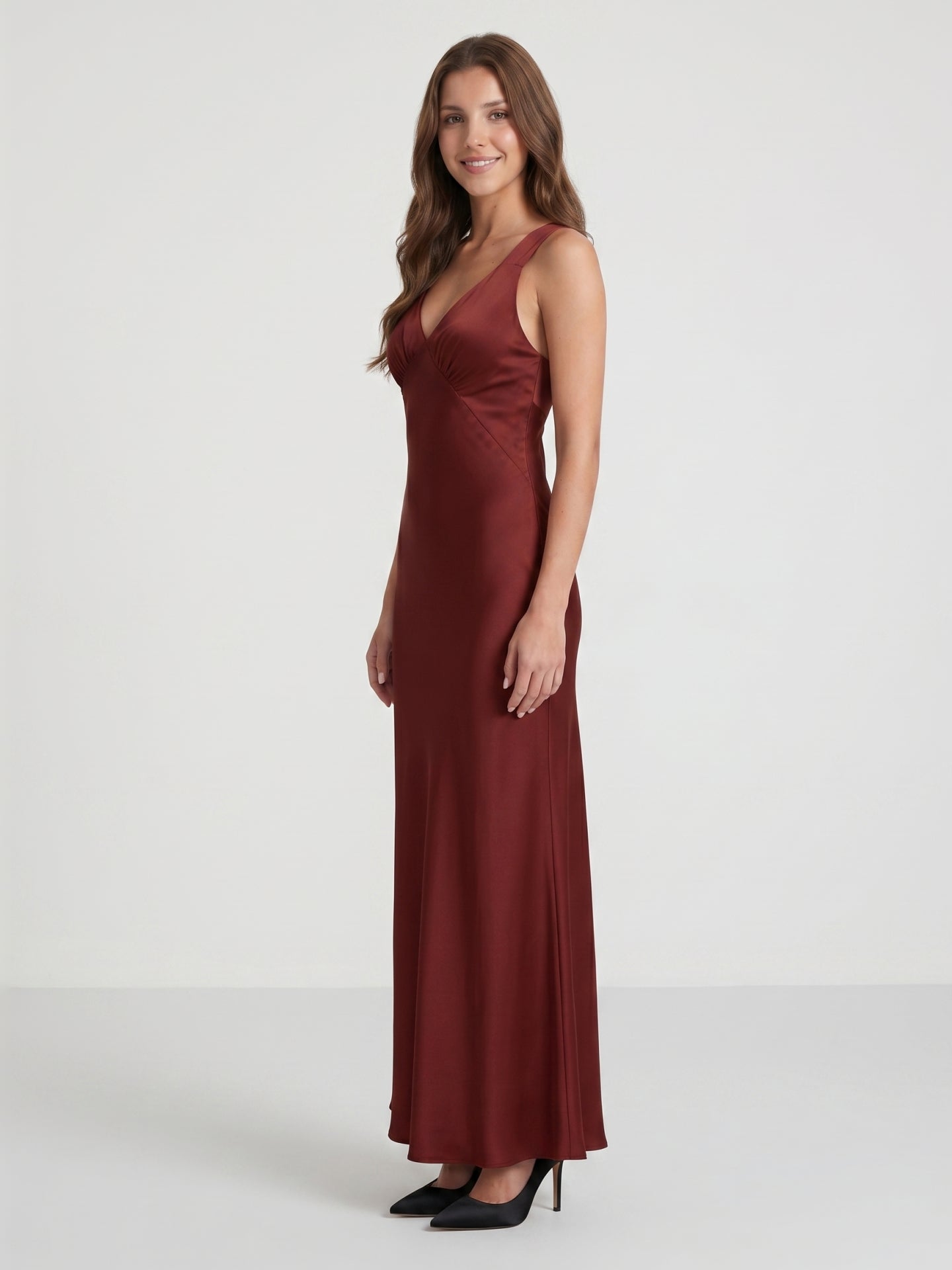 Burgundy Satin Column V-Neck V-Back Floor-Length Bridesmaid Dress