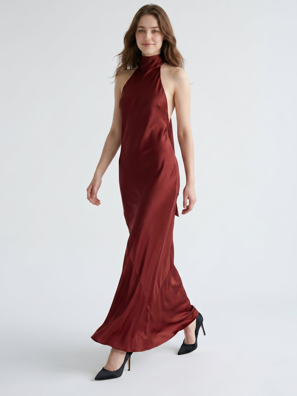 Burgundy Satin Mermaid Cowl Neck Backless Floor-Length Bridesmaid Dress with Bow