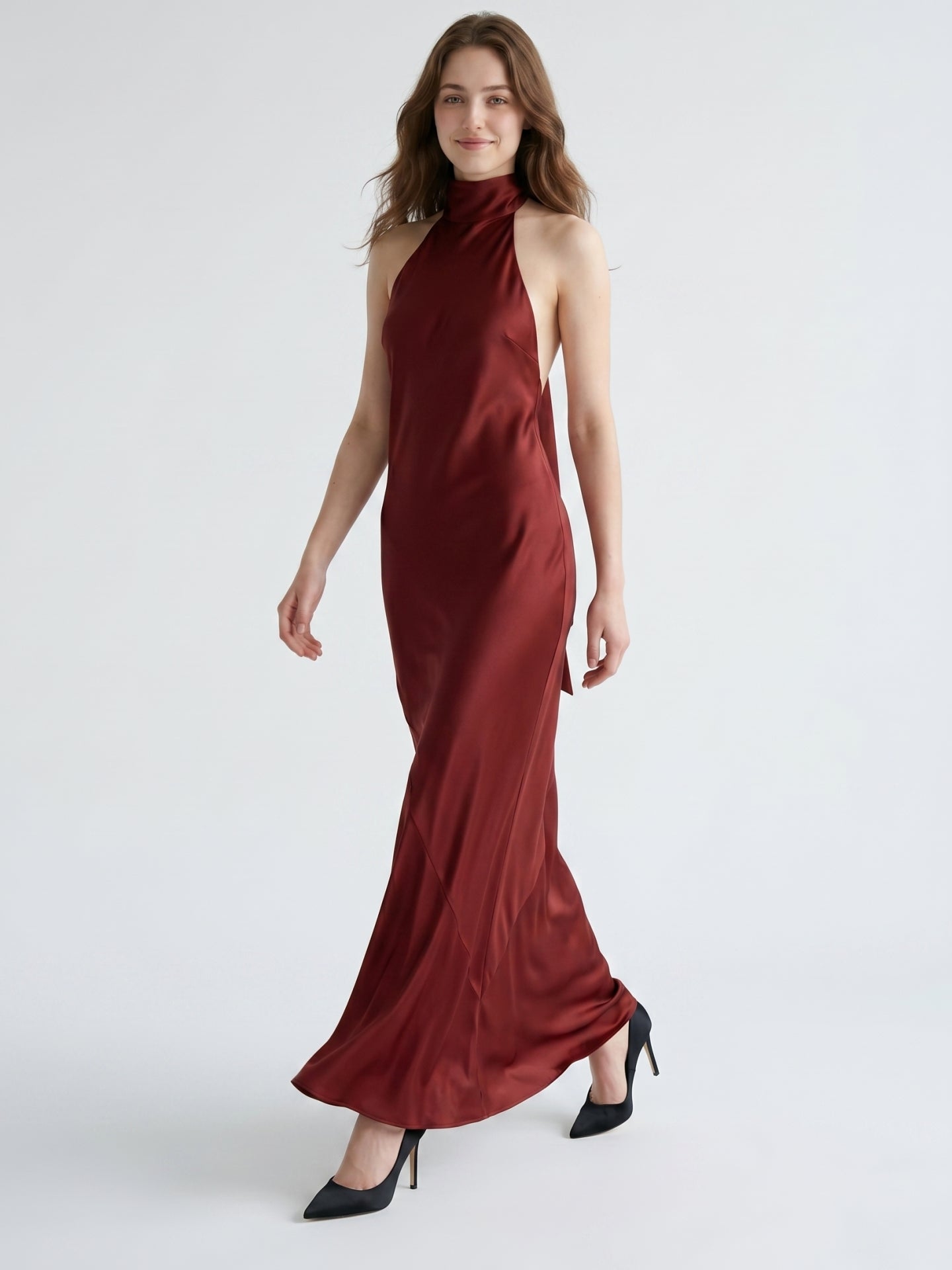 Burgundy Satin Mermaid Cowl Neck Backless Floor-Length Bridesmaid Dress with Bow