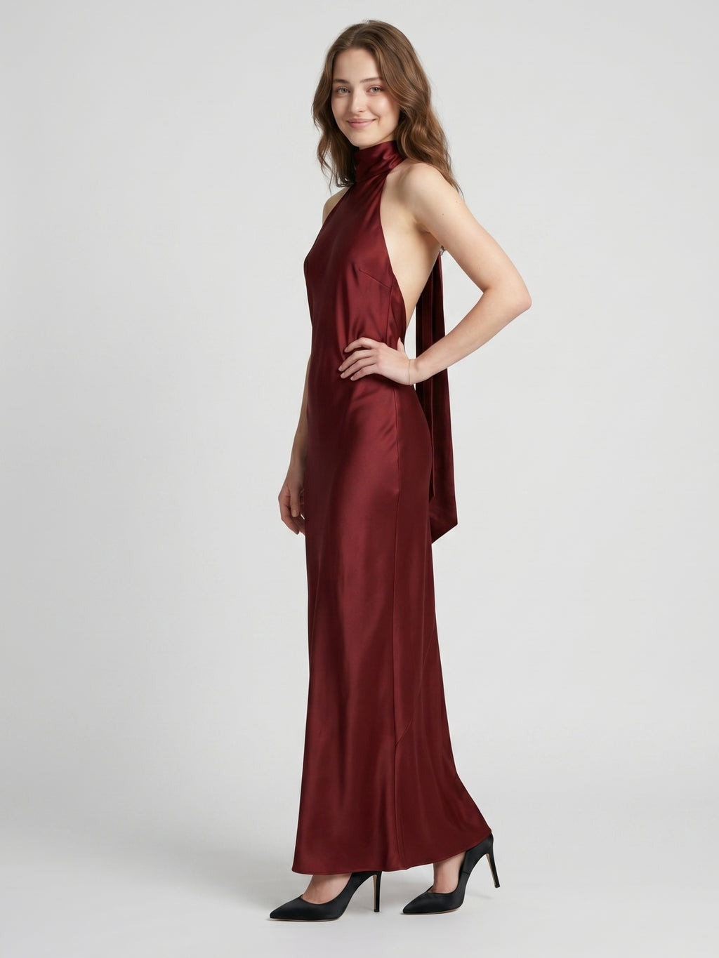 Burgundy Satin Mermaid Cowl Neck Backless Floor-Length Bridesmaid Dress with Bow