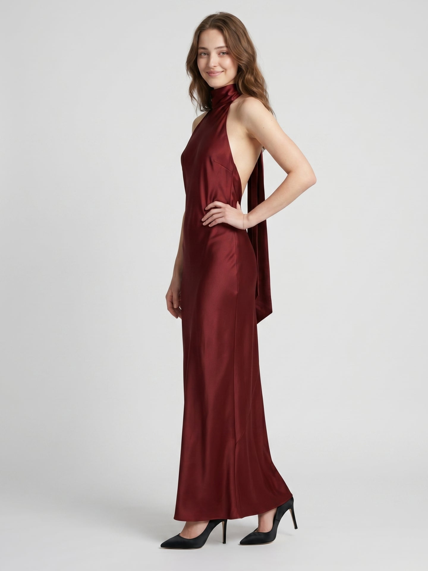 Burgundy Satin Mermaid Cowl Neck Backless Floor-Length Bridesmaid Dress with Bow