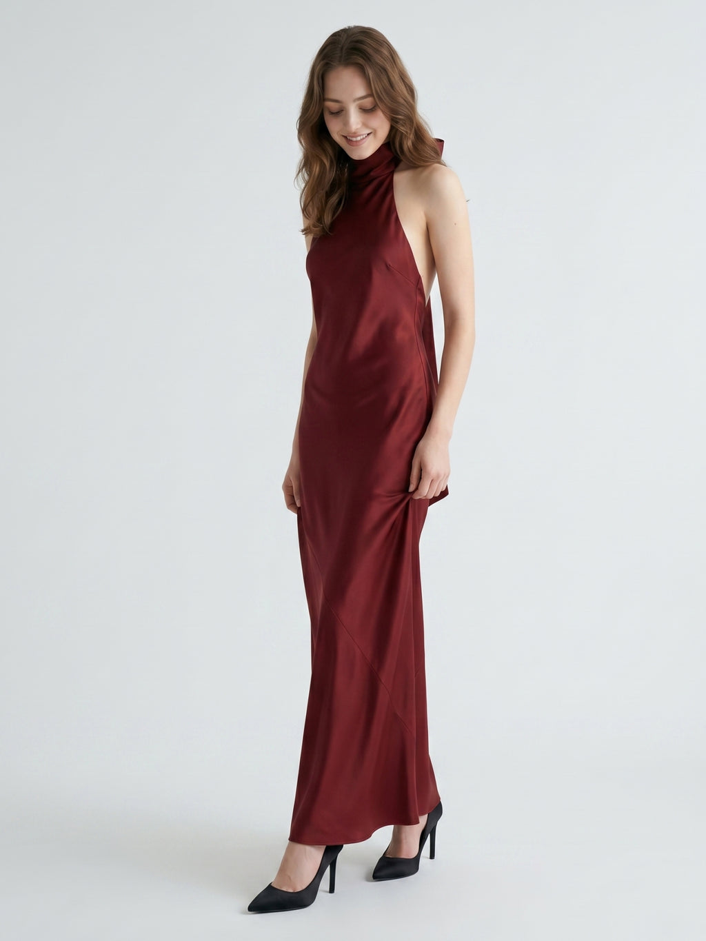 Burgundy Satin Mermaid Cowl Neck Backless Floor-Length Bridesmaid Dress with Bow