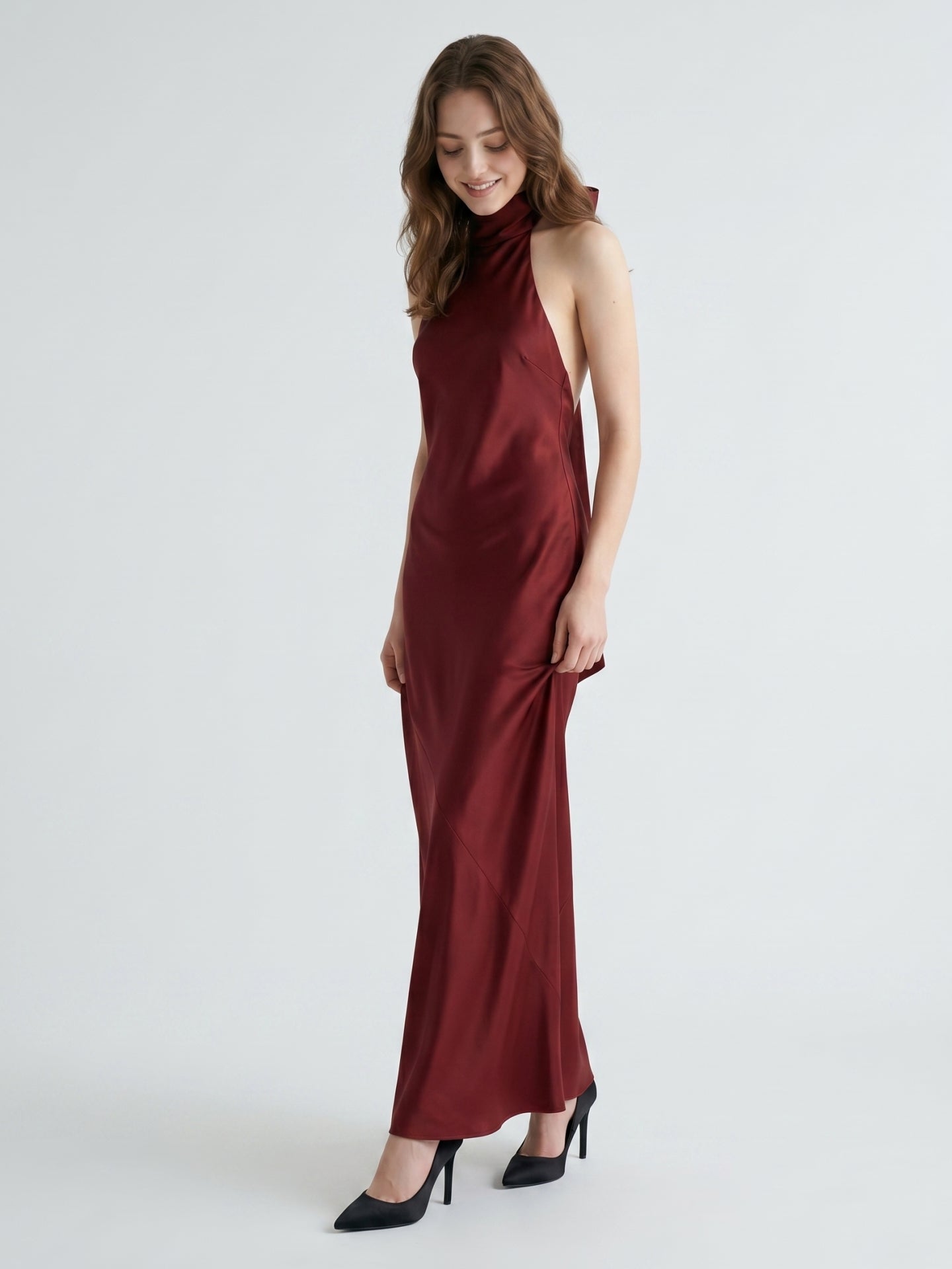 Burgundy Satin Mermaid Cowl Neck Backless Floor-Length Bridesmaid Dress with Bow
