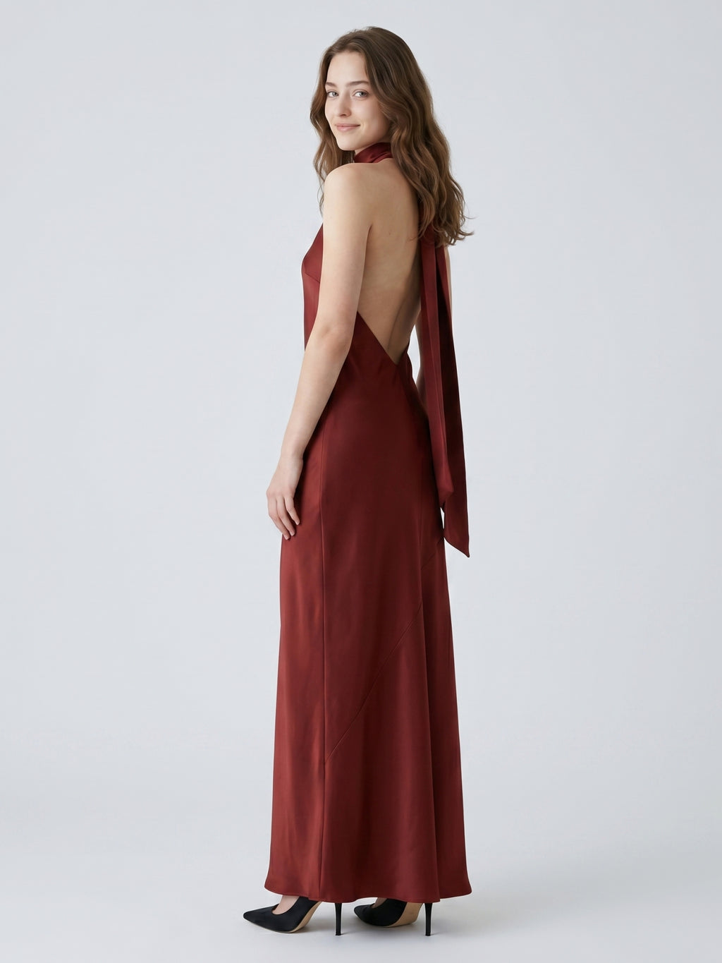 Burgundy Satin Mermaid Cowl Neck Backless Floor-Length Bridesmaid Dress with Bow