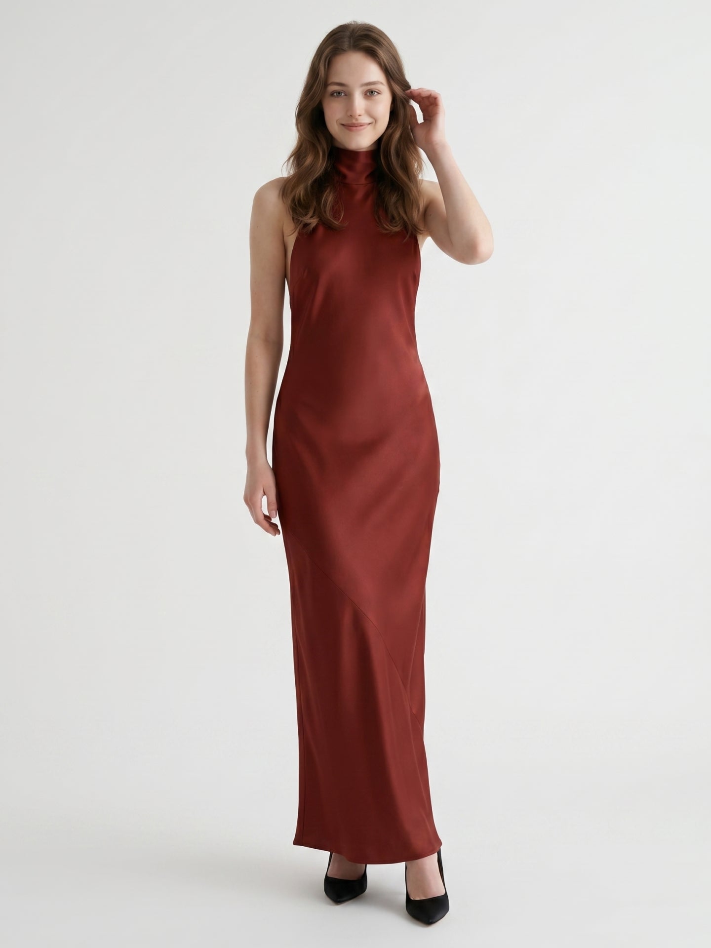 Burgundy Satin Mermaid Cowl Neck Backless Floor-Length Bridesmaid Dress with Bow