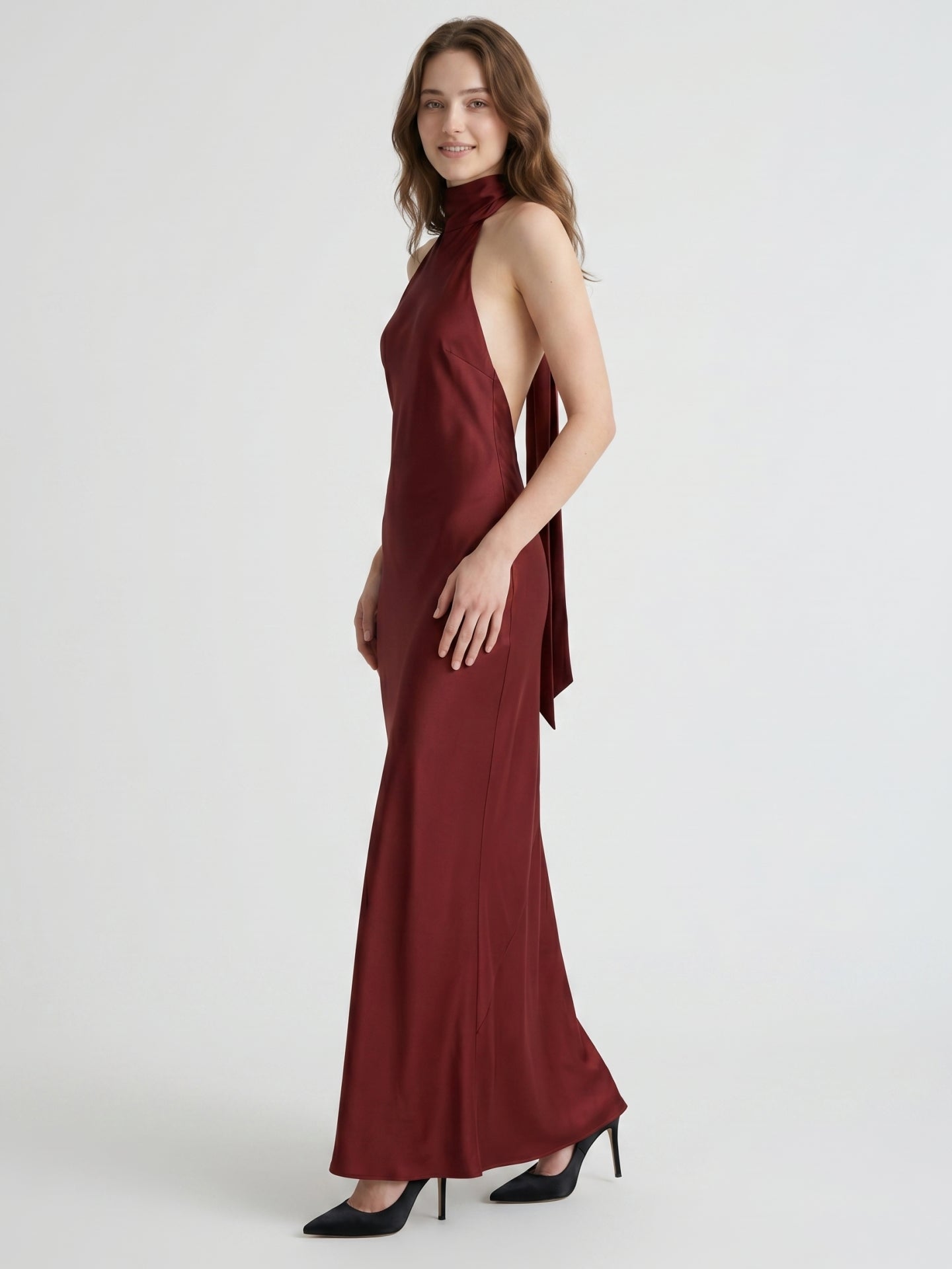 Burgundy Satin Mermaid Cowl Neck Backless Floor-Length Bridesmaid Dress with Bow