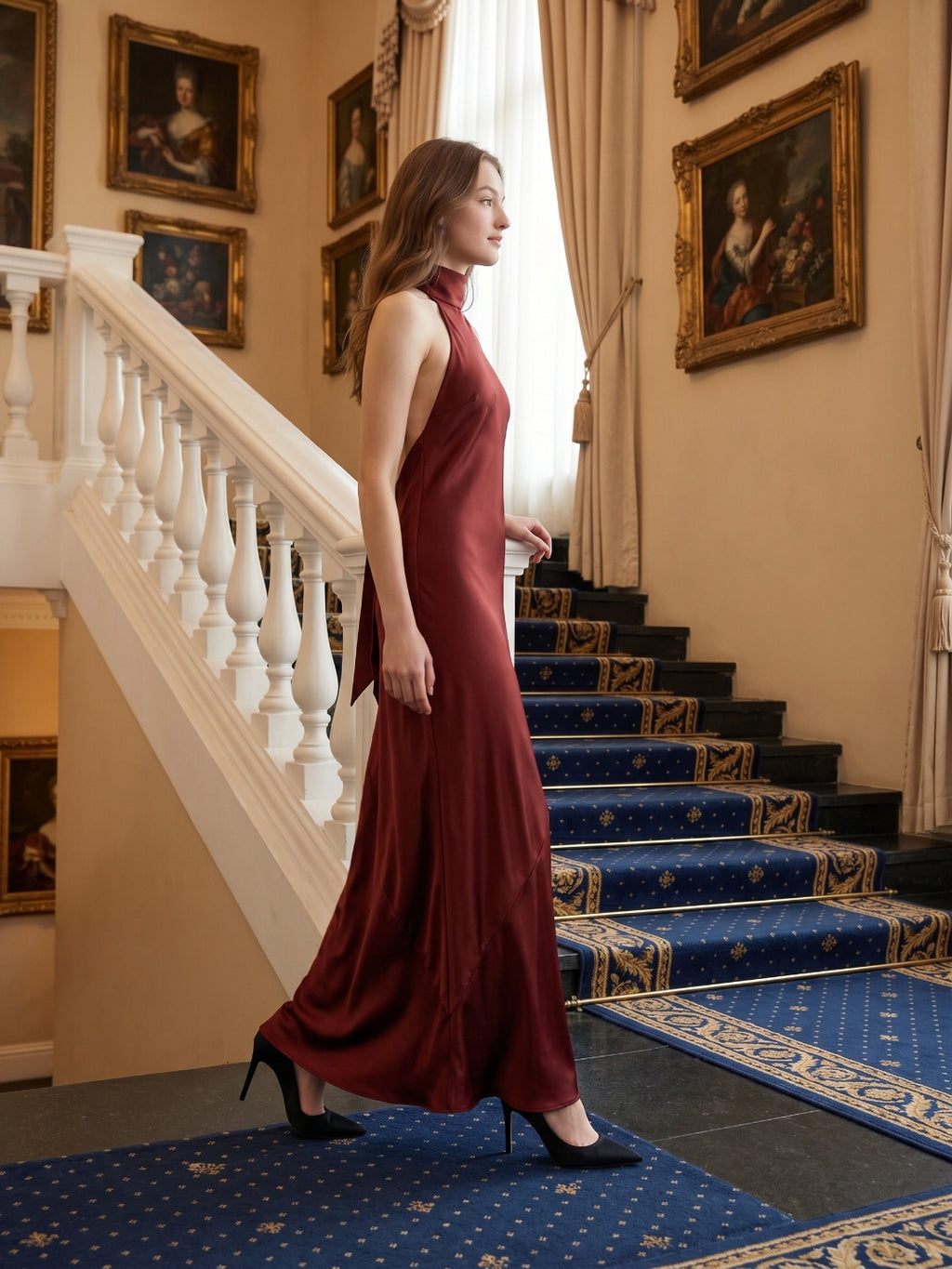 Burgundy Satin Mermaid Cowl Neck Backless Floor-Length Bridesmaid Dress with Bow