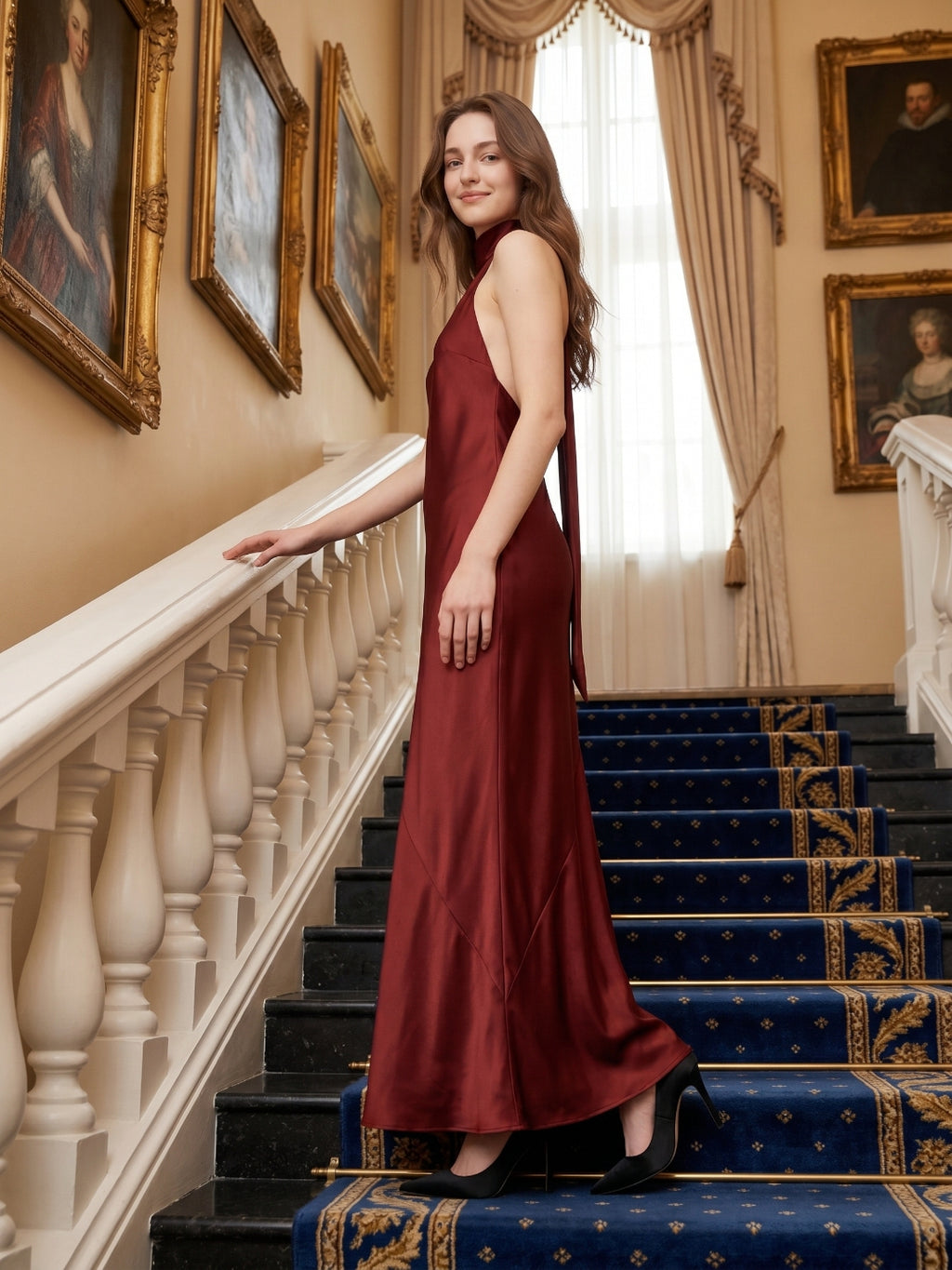 Burgundy Satin Mermaid Cowl Neck Backless Floor-Length Bridesmaid Dress with Bow