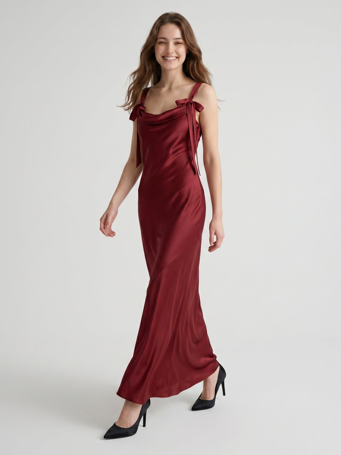 Burgundy Satin Sheath Cowl Neck Lace-up Floor-Length Bridesmaid Dress with Bow