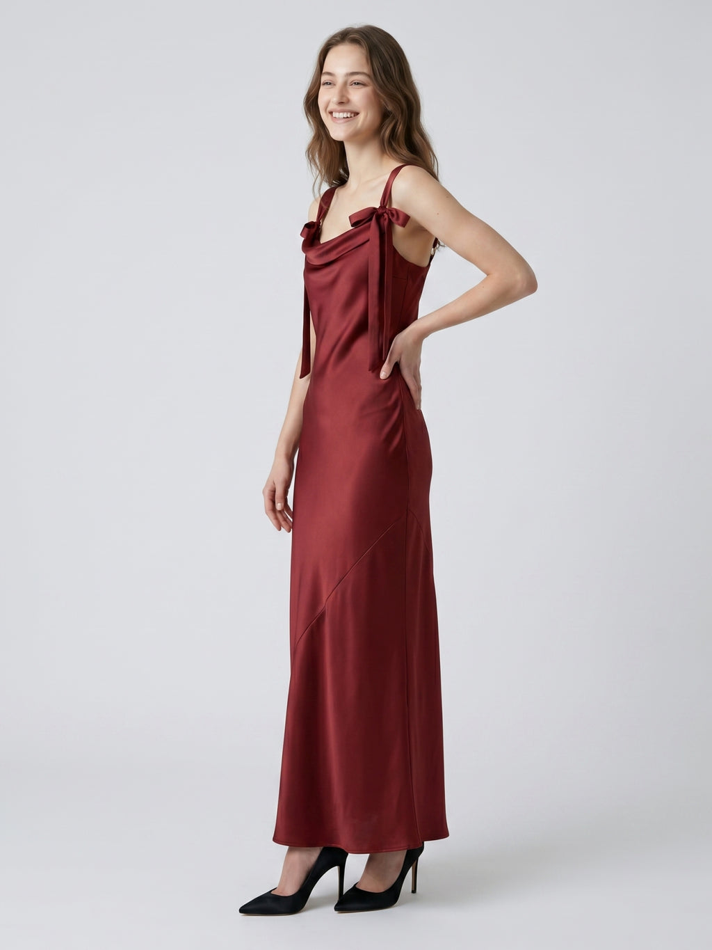 Burgundy Satin Sheath Cowl Neck Lace-up Floor-Length Bridesmaid Dress with Bow