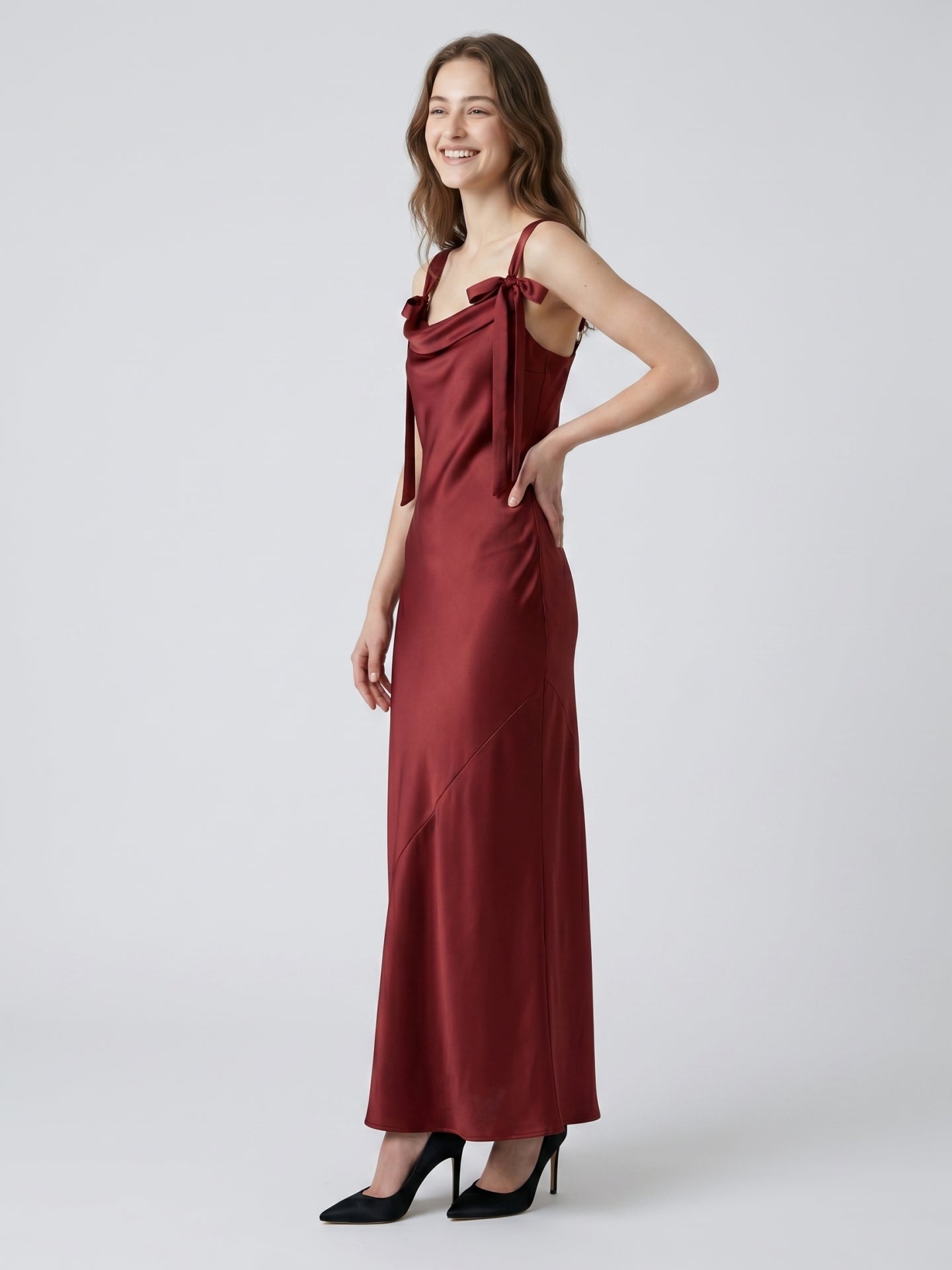 Burgundy Satin Sheath Cowl Neck Lace-up Floor-Length Bridesmaid Dress with Bow