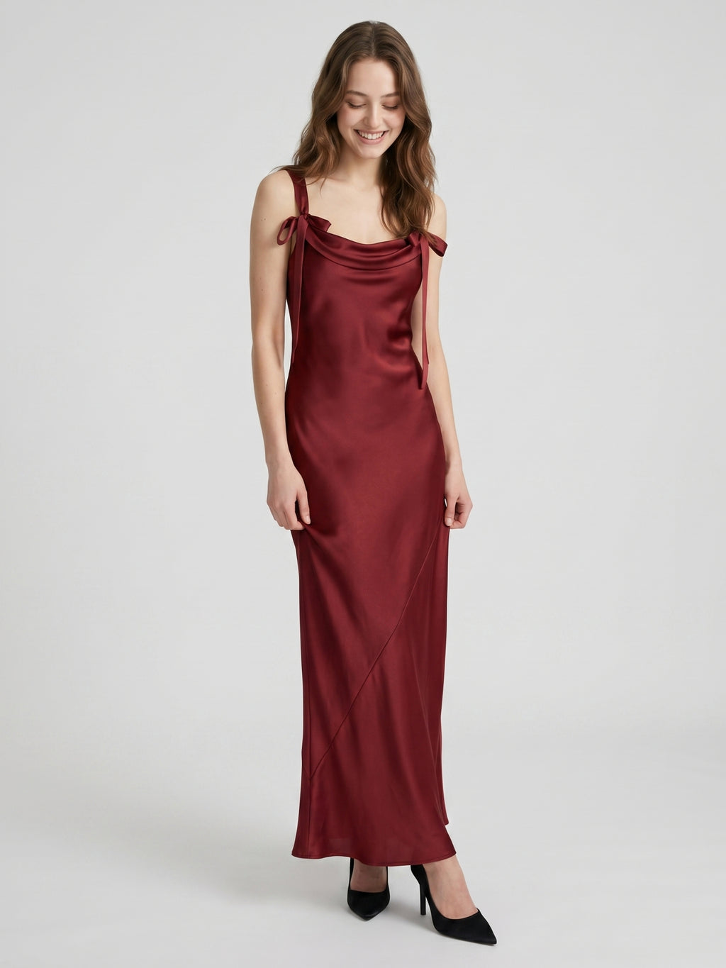 Burgundy Satin Sheath Cowl Neck Lace-up Floor-Length Bridesmaid Dress with Bow