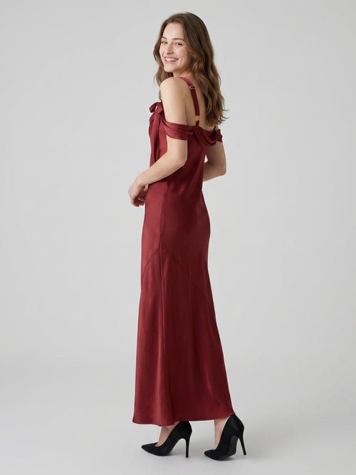 Burgundy Satin Sheath Cowl Neck Lace-up Floor-Length Bridesmaid Dress with Bow