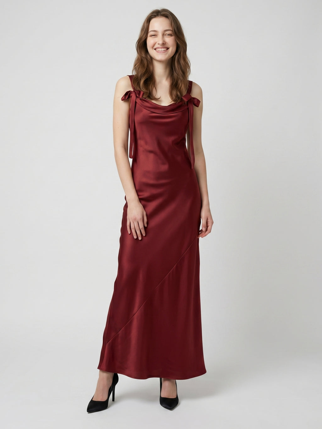 Burgundy Satin Sheath Cowl Neck Lace-up Floor-Length Bridesmaid Dress with Bow