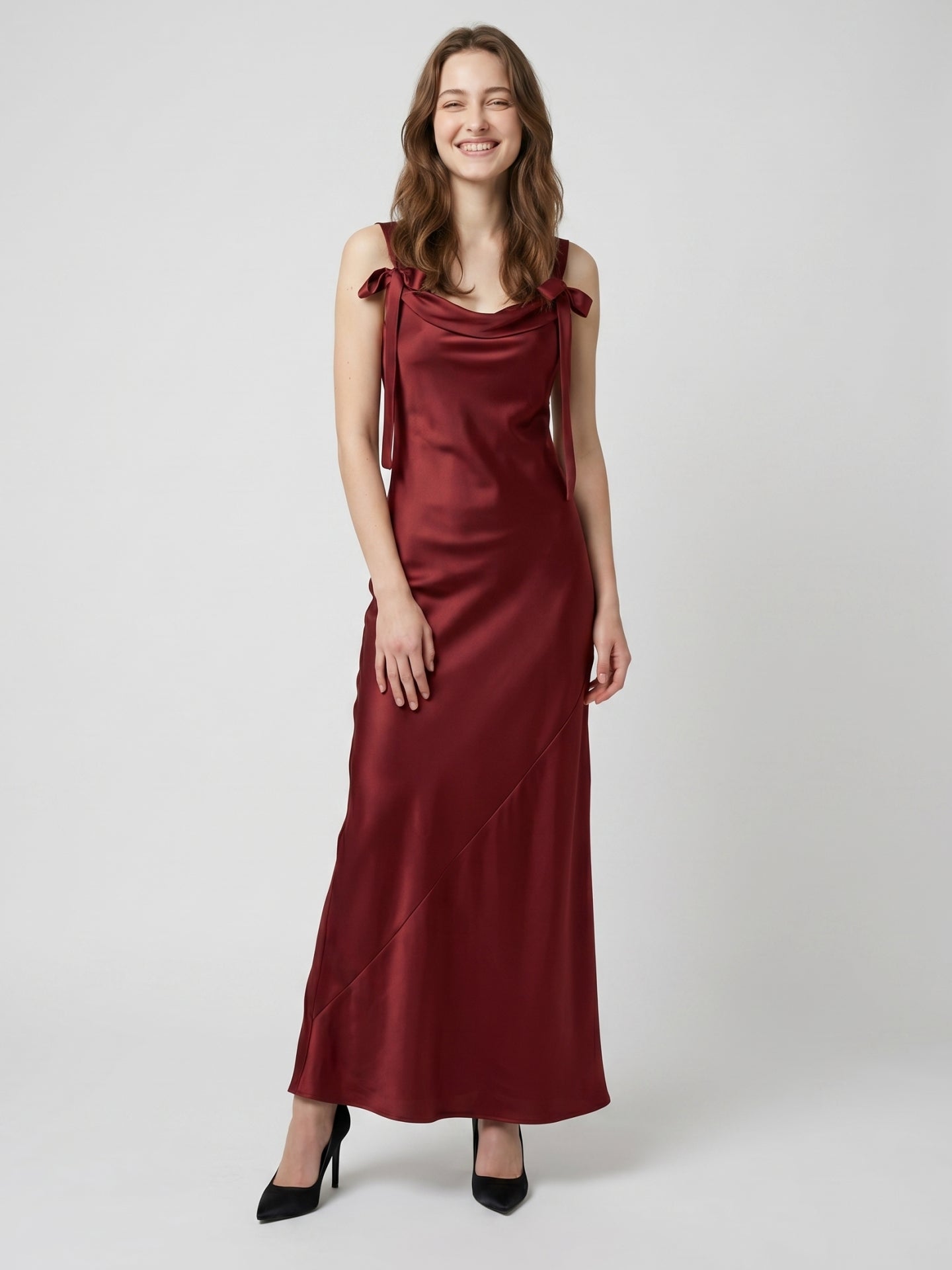 Burgundy Satin Sheath Cowl Neck Lace-up Floor-Length Bridesmaid Dress with Bow