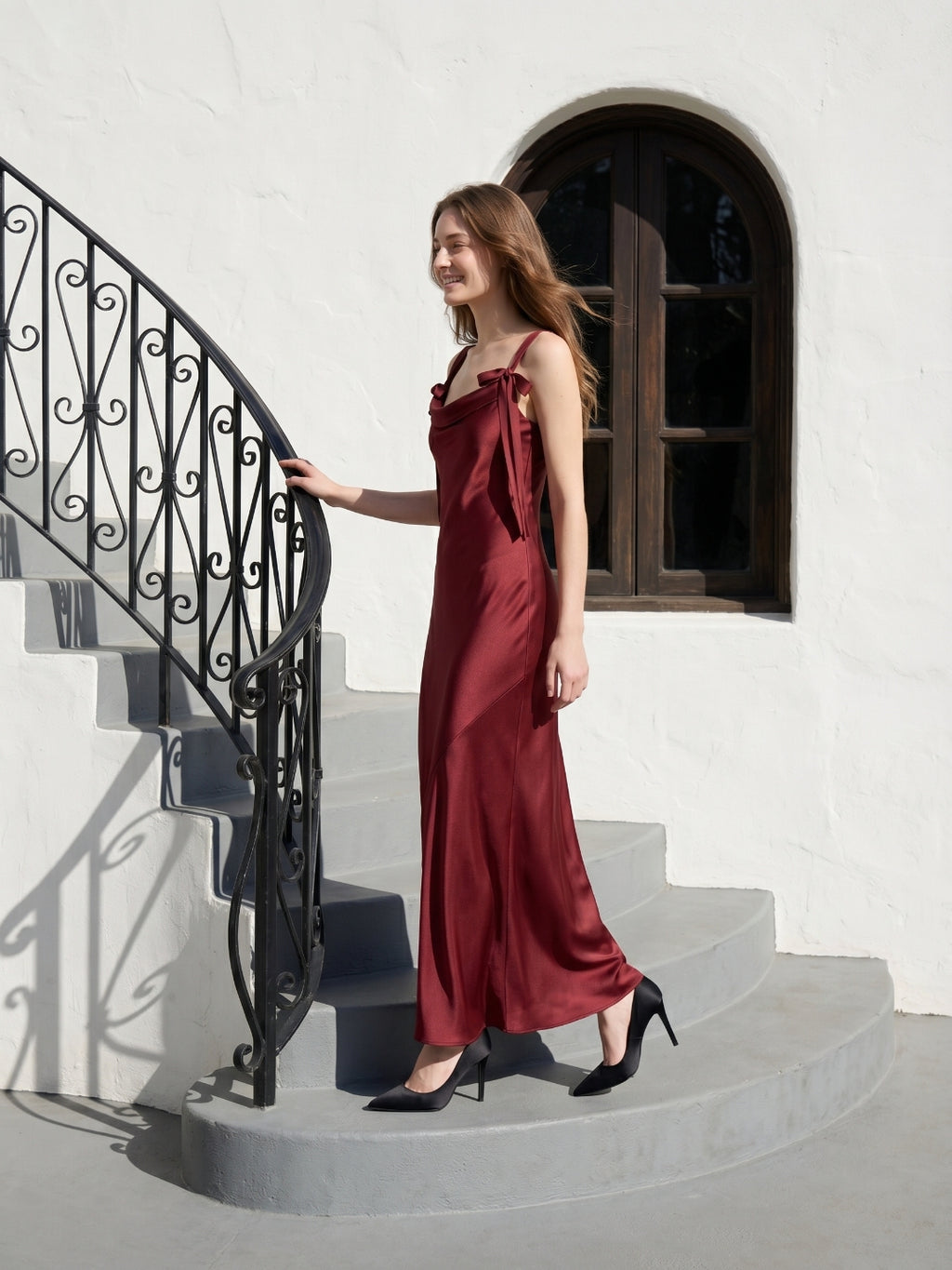 Burgundy Satin Sheath Cowl Neck Lace-up Floor-Length Bridesmaid Dress with Bow