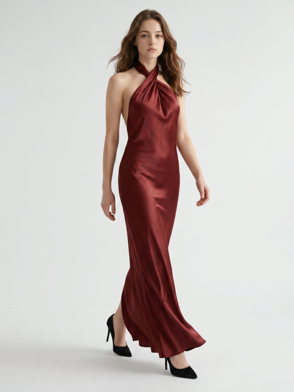 Burgundy Satin Sheath Halter Backless Floor-Length Bridesmaid Dress