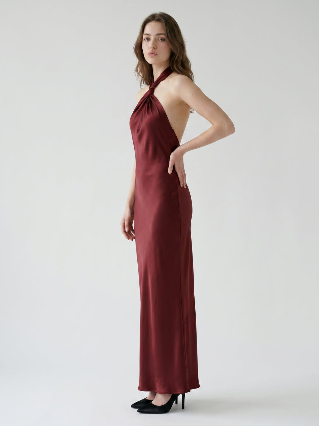 Burgundy Satin Sheath Halter Backless Floor-Length Bridesmaid Dress