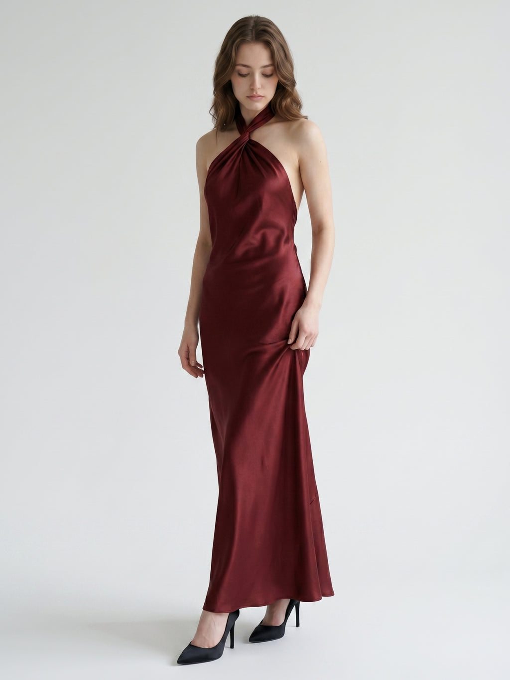 Burgundy Satin Sheath Halter Backless Floor-Length Bridesmaid Dress