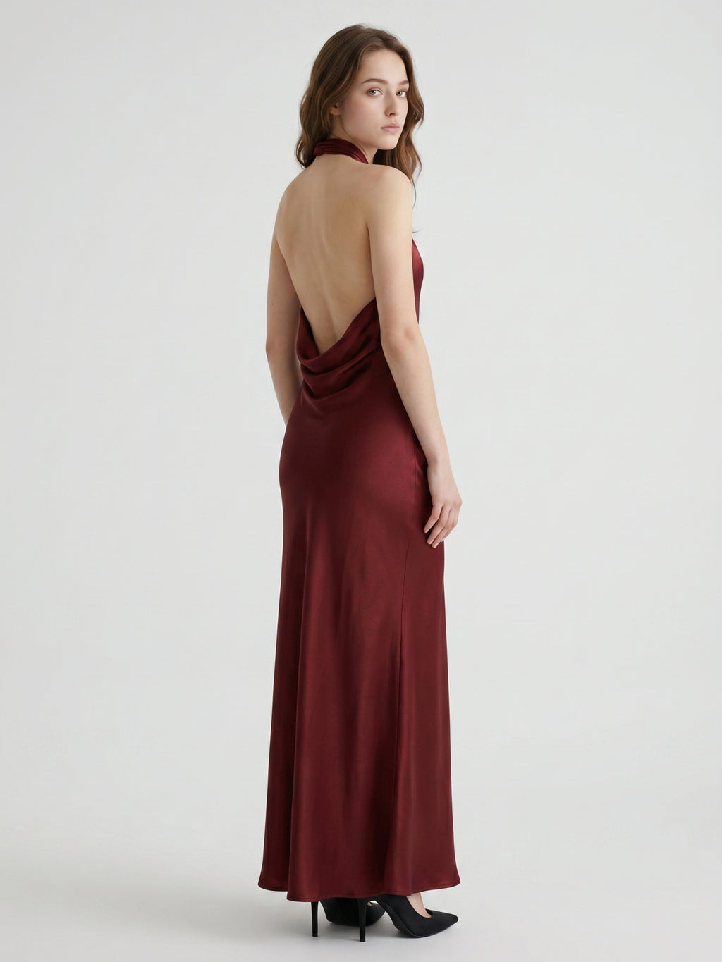 Burgundy Satin Sheath Halter Backless Floor-Length Bridesmaid Dress