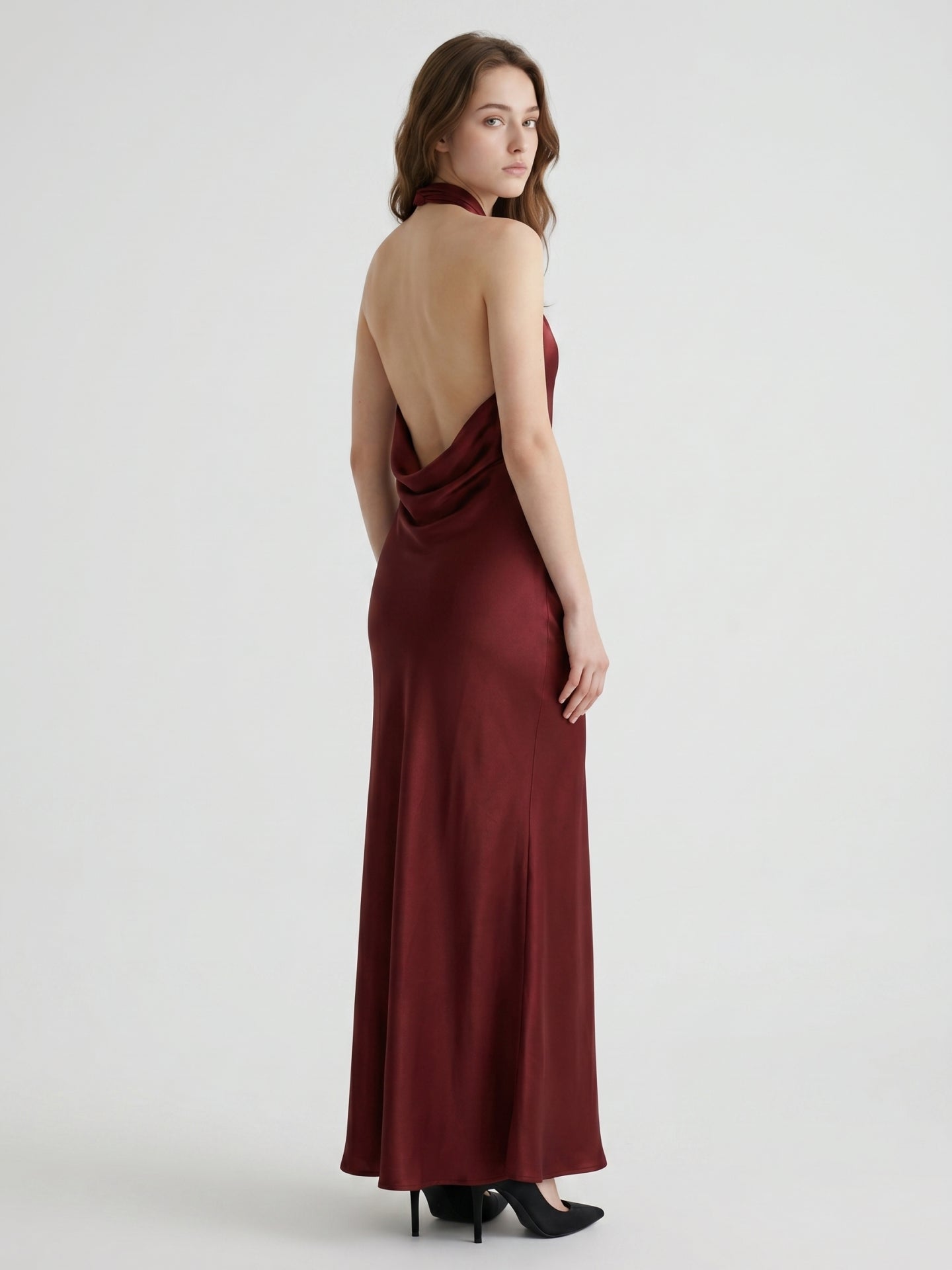 Burgundy Satin Sheath Halter Backless Floor-Length Bridesmaid Dress