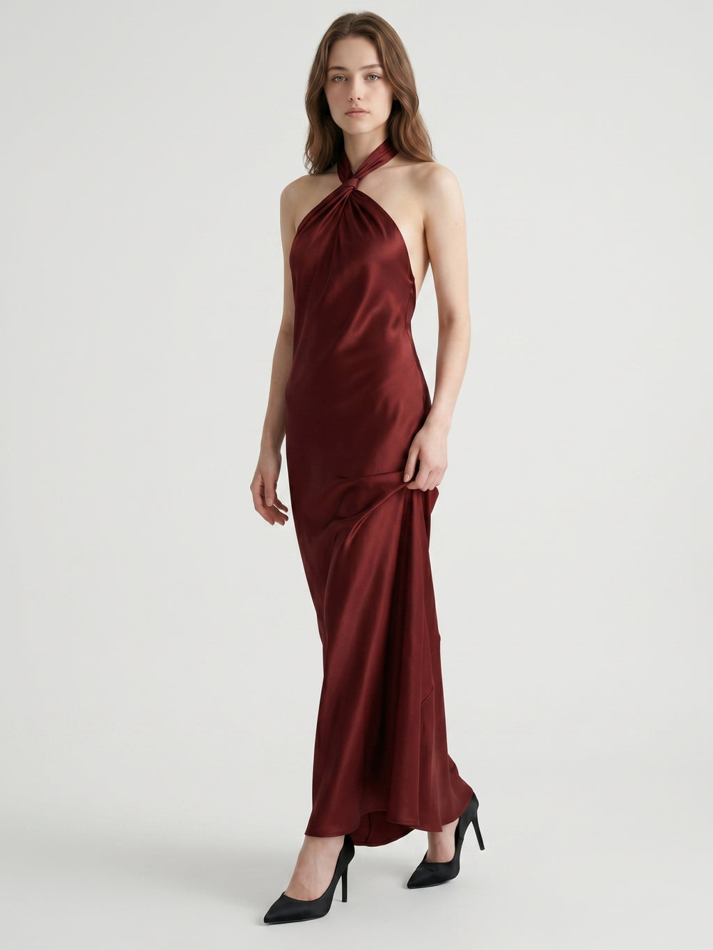 Burgundy Satin Sheath Halter Backless Floor-Length Bridesmaid Dress