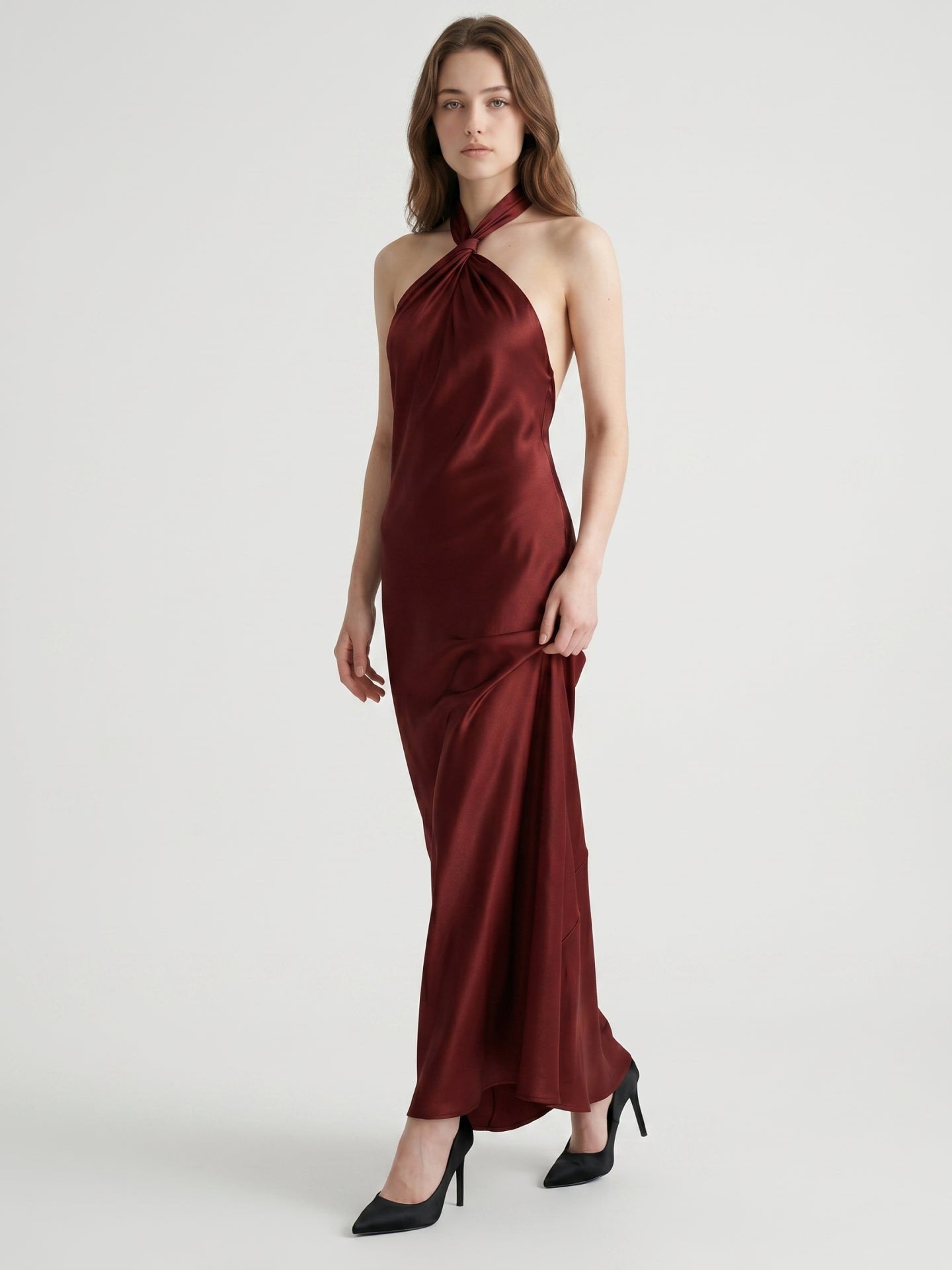 Burgundy Satin Sheath Halter Backless Floor-Length Bridesmaid Dress
