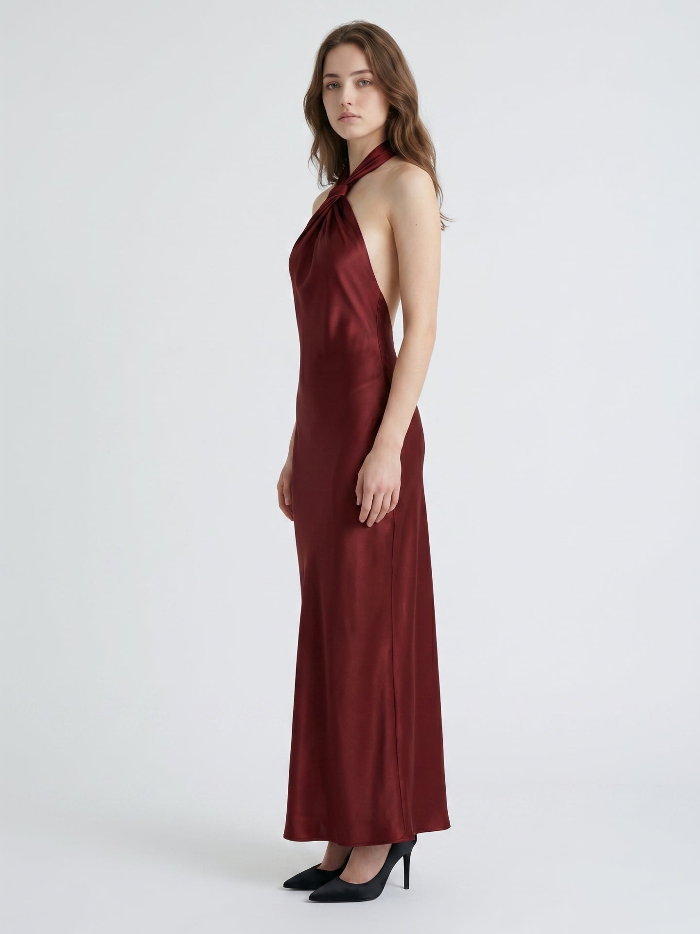 Burgundy Satin Sheath Halter Backless Floor-Length Bridesmaid Dress
