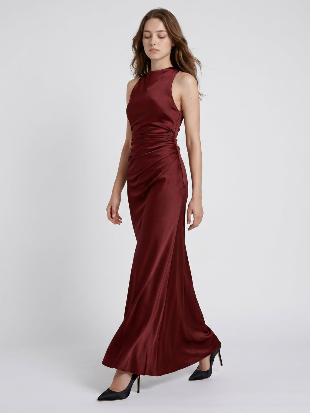 Burgundy Satin Sheath Scoop Neck Floor-Length Bridesmaid Dress with Pleats