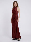Burgundy Satin Sheath Scoop Neck Floor-Length Bridesmaid Dress with Pleats