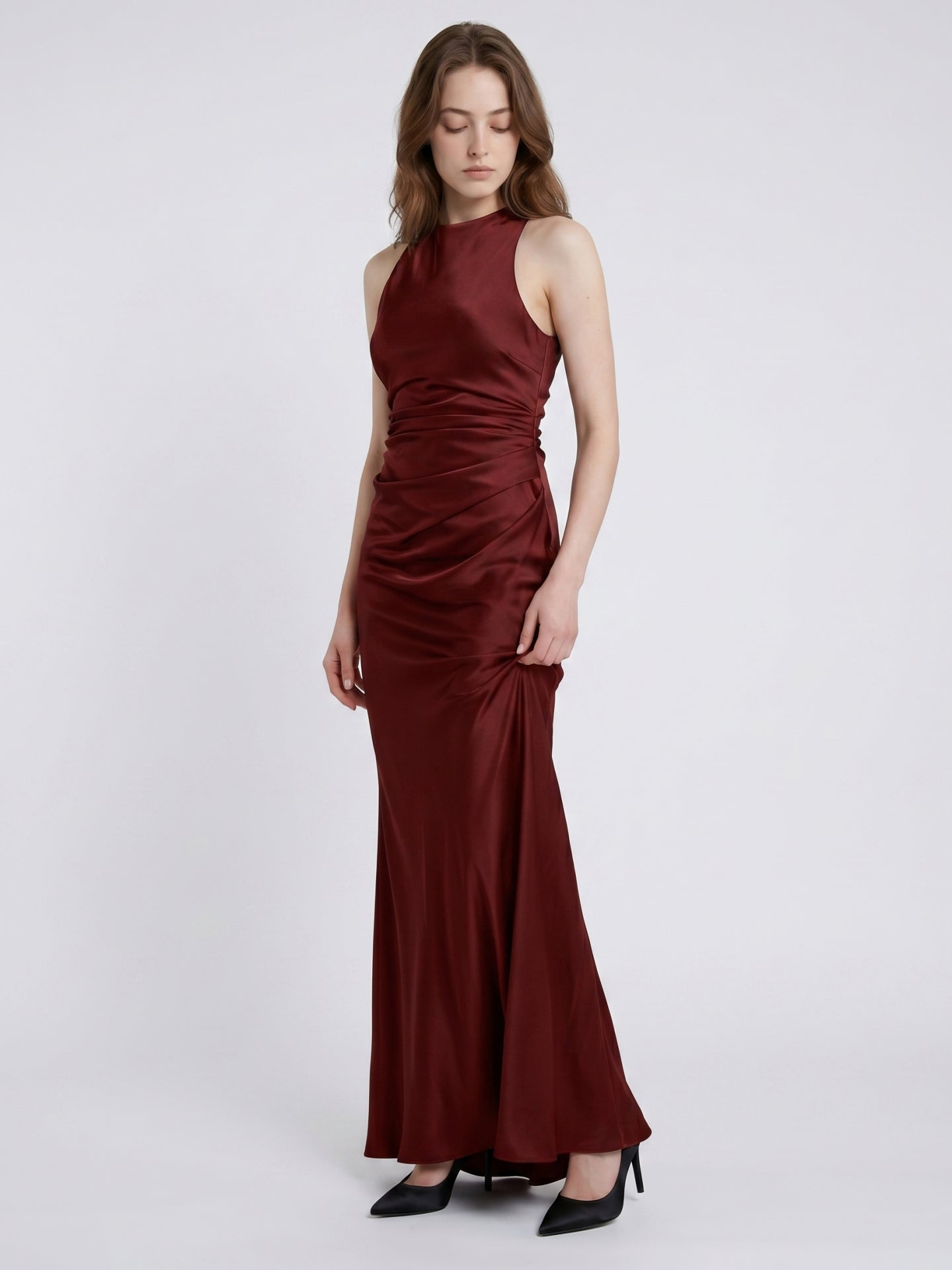 Burgundy Satin Sheath Scoop Neck Floor-Length Bridesmaid Dress with Pleats