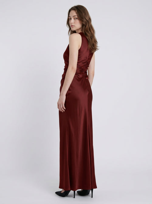 Burgundy Satin Sheath Scoop Neck Floor-Length Bridesmaid Dress with Pleats