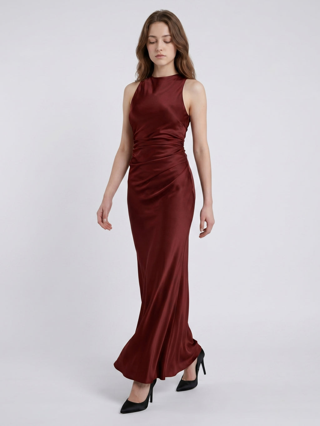 Burgundy Satin Sheath Scoop Neck Floor-Length Bridesmaid Dress with Pleats