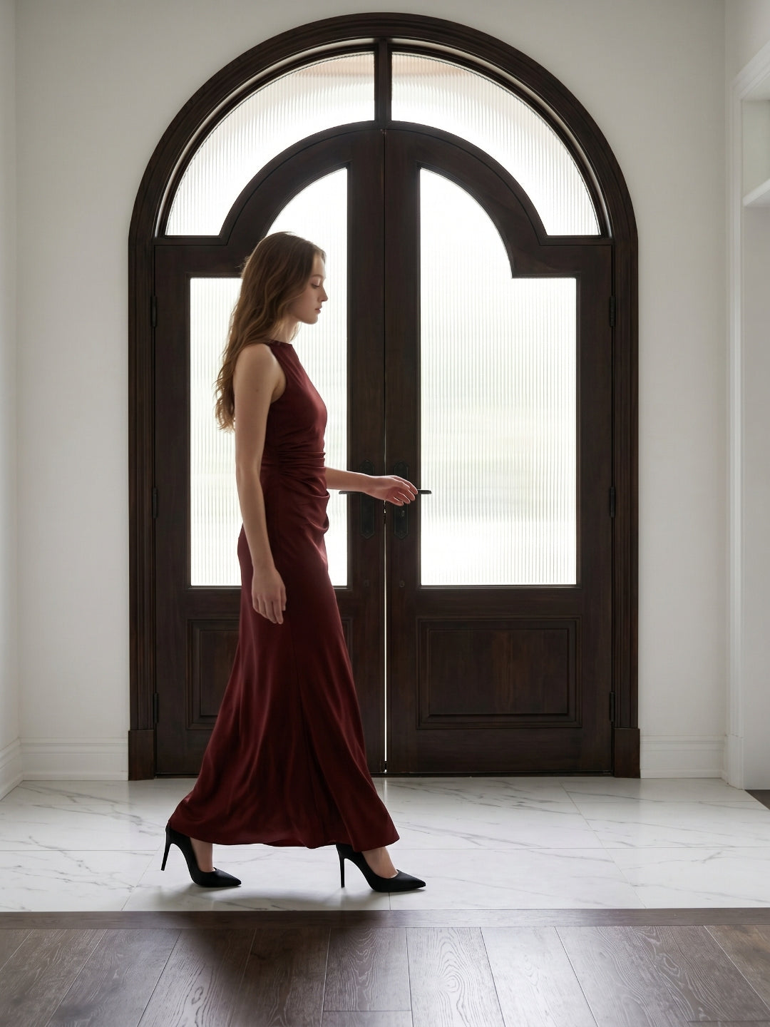 Burgundy Satin Sheath Scoop Neck Floor-Length Bridesmaid Dress with Pleats
