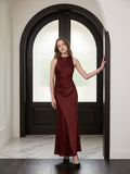 Burgundy Satin Sheath Scoop Neck Floor-Length Bridesmaid Dress with Pleats